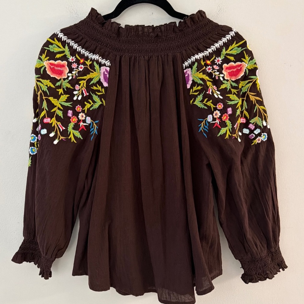 Sundance Brown Embroidered Floral Bird Peasant Blouse Boho Top PM Womens - Picture 3 of 11